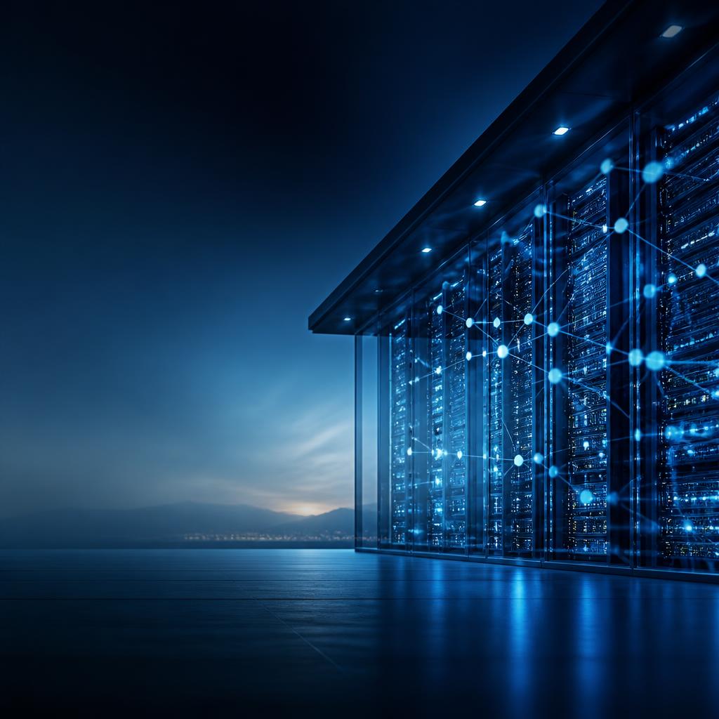 Modern digital hosting environment with connected blue and teal light